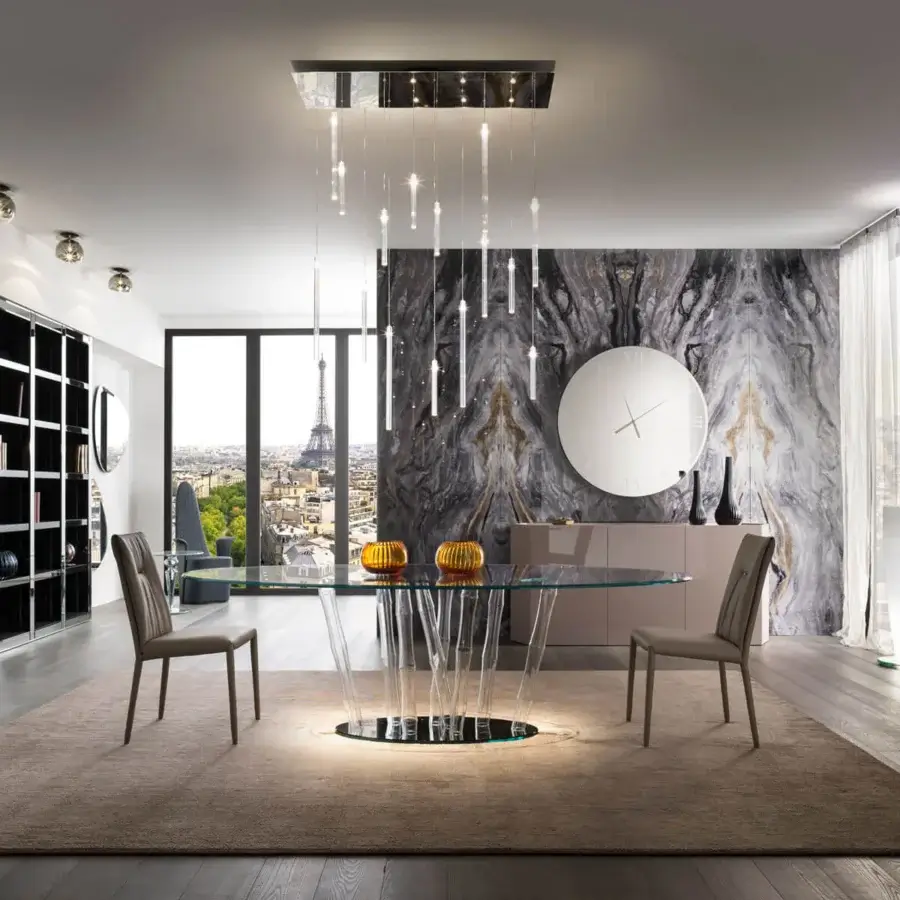 Exceptional Reflex Comete suspension lamp with mirror glass canopy and transparent glass pendant elements built with LEDs