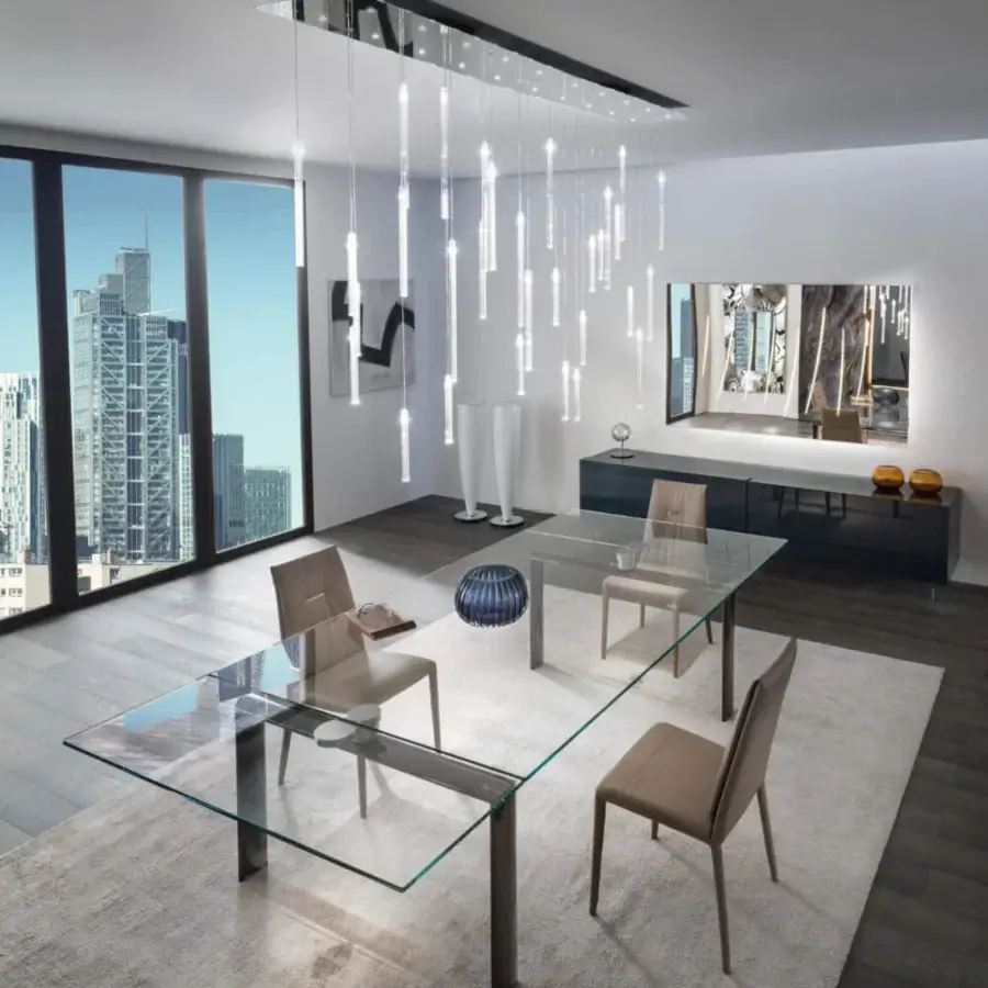 Superior Reflex Comete suspension lamp with mirrored glass canopy and transparent glass pendants housing integrated illumination