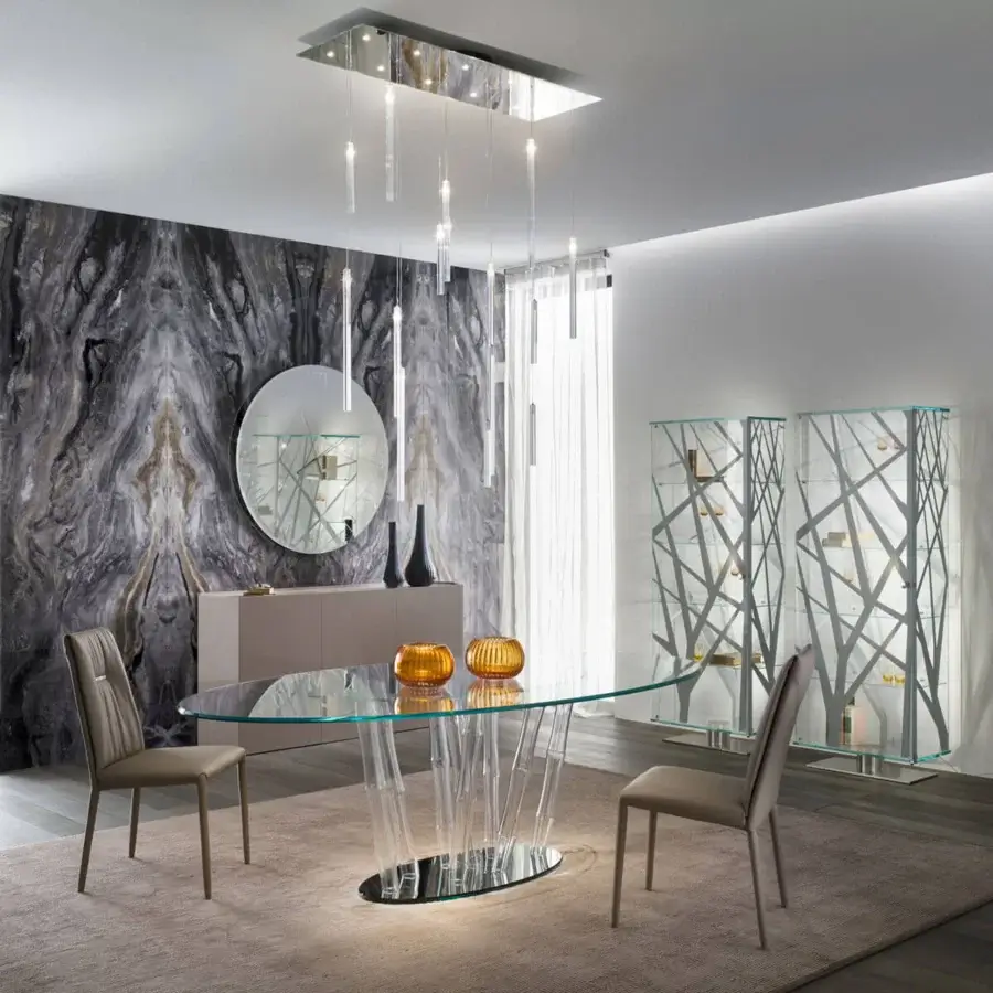 Elegant Reflex Comete suspension lamp with mirrored glass canopy and transparent glass pendant elements illuminated with warm LEDs and glossy finish