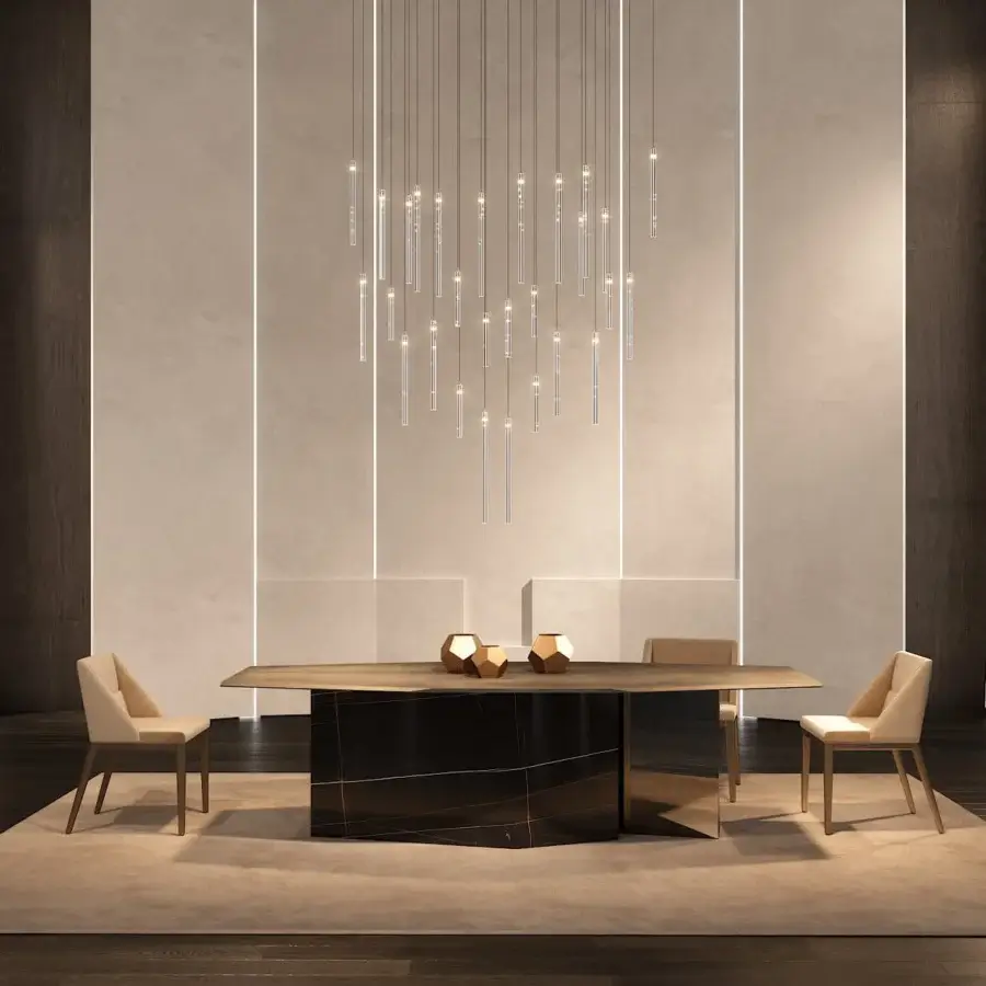 Superior Reflex Comete suspension lamp with slender transparent glass pendants and mirror glass canopy