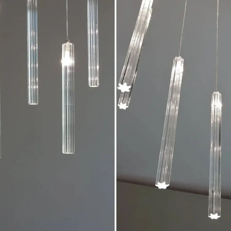 Elegant Reflex Comete suspension lamp with transparent glass pendants built in LEDs and mirrored glass canopy