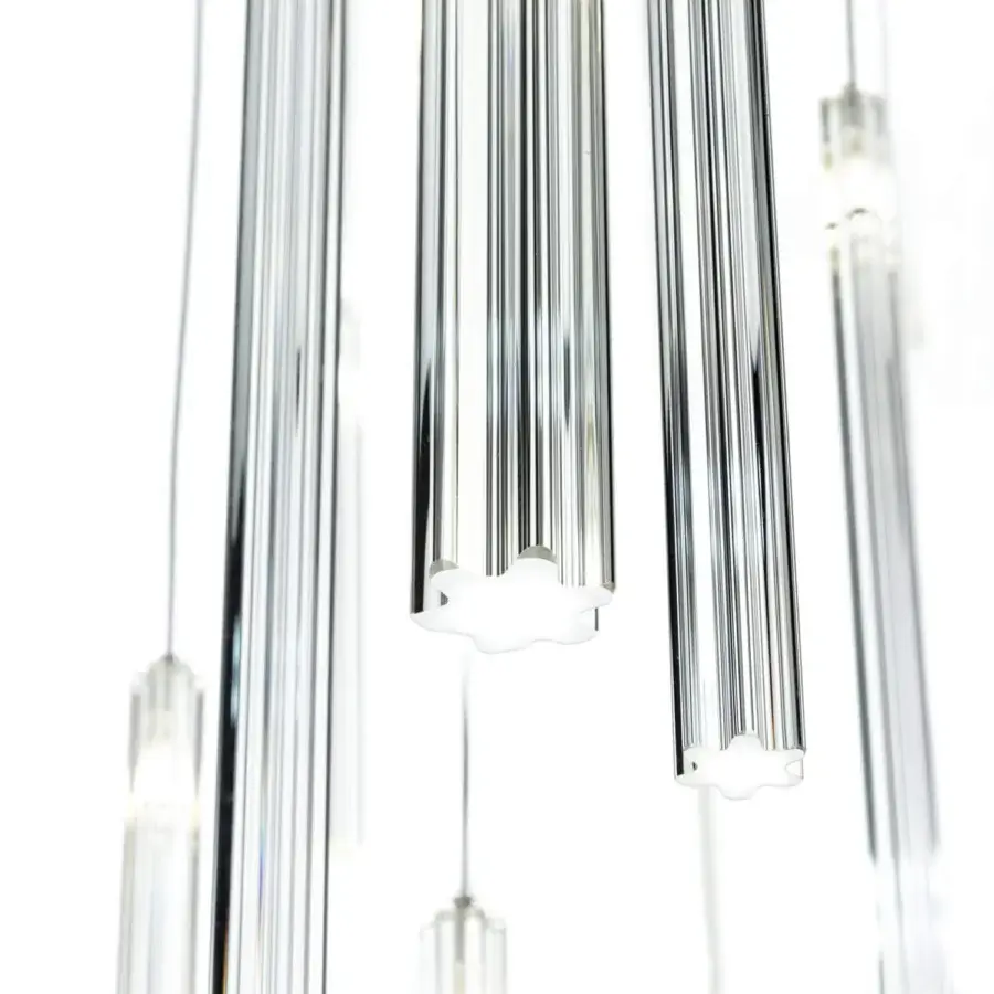 Distinguished Reflex Comete suspension lamp with transparent glass pendants illuminated by warm LEDs and glossy cylindrical diffusers