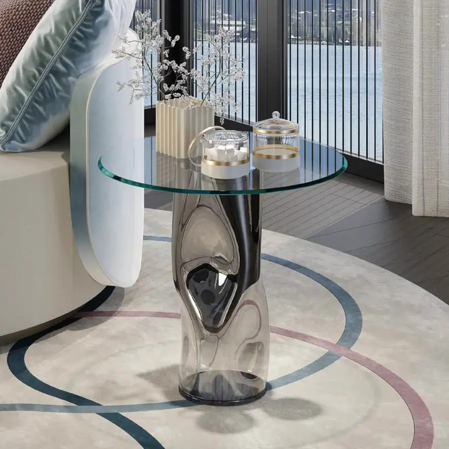 Exceptional Reflex Dandolo side table with transparent Murano glass base and beveled glass top in smoky grey accents