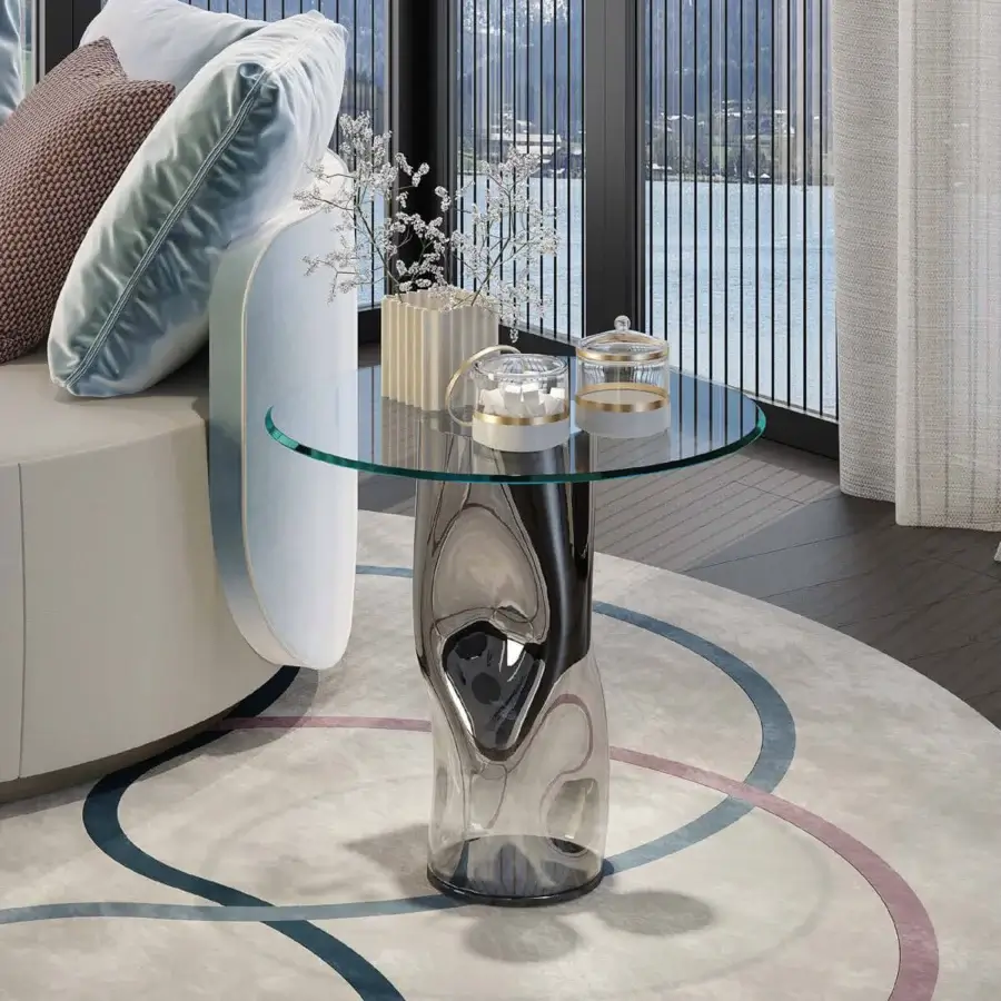 Captivating Reflex Dandolo side table with sculpted transparent grey Murano glass base and clear glass top