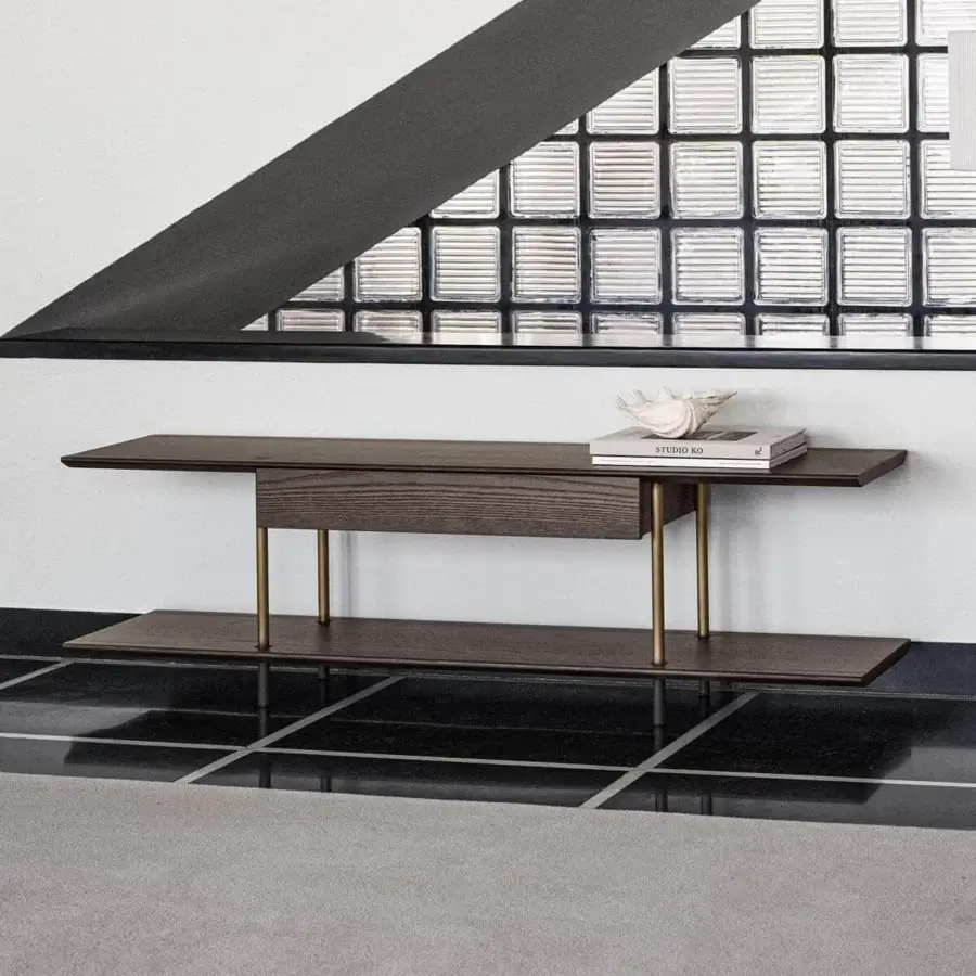 Distinguished Potocco Arial bookcase console with dark brown wooden shelves and sleek bronzed brass cylindrical metal legs
