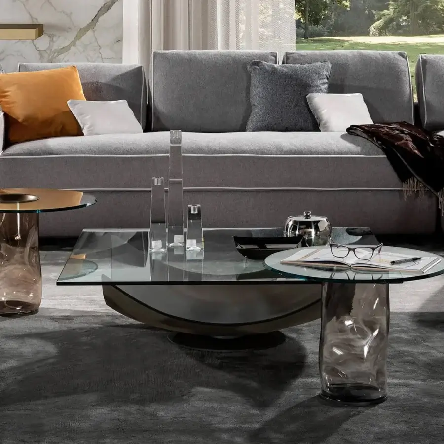 Distinguished Reflex Dandolo side table with transparent tobacco Murano glass base and metallic toned glass top