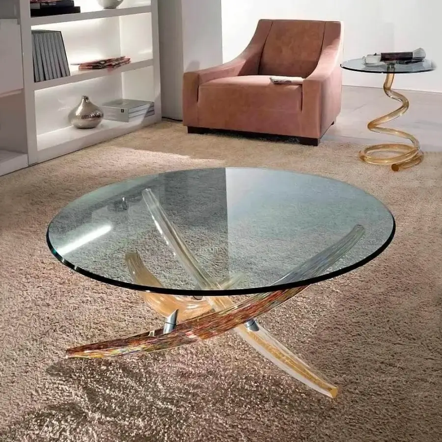 Elegant Reflex Fili D'Erba coffee table with round glass top and orange, brown, clear Murano glass base