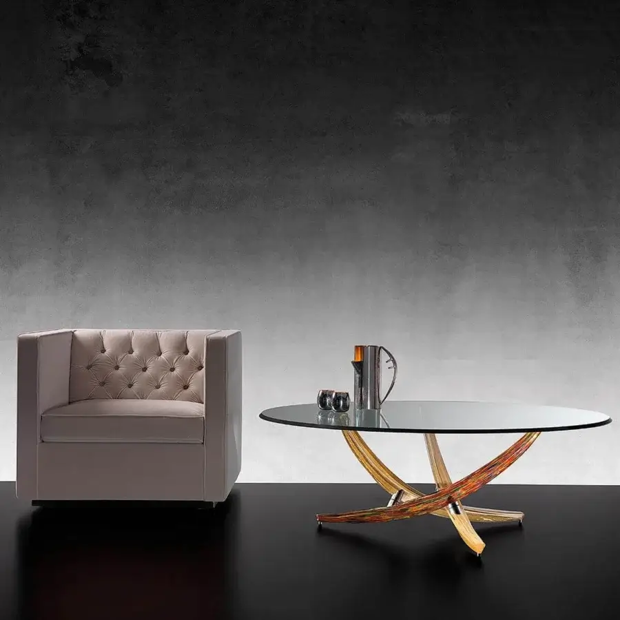 Lavish Reflex Fili D'Erba coffee table with interwoven Murano glass base in golden and reddish tones and elegant glass top