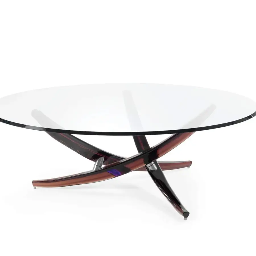 Exceptional Reflex Fili D'Erba coffee table with transparent glass top and reddish-brown Murano glass base with silver supports