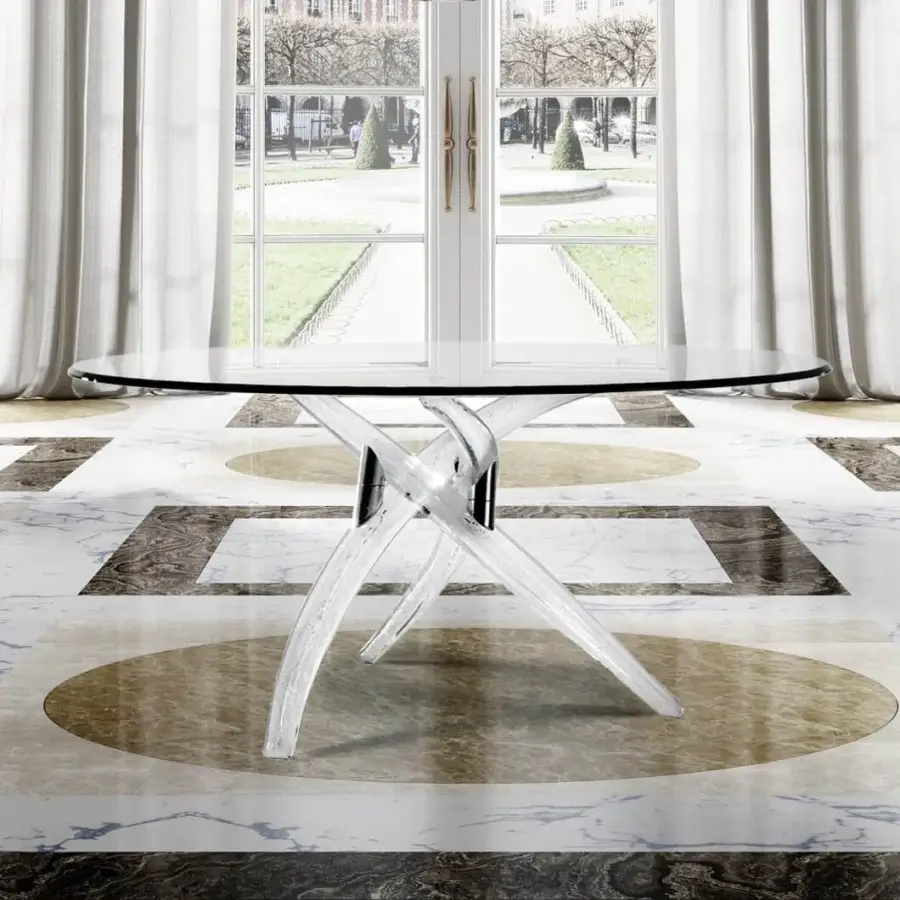 Captivating Reflex Fili D'Erba table with round glass top and sculptural Murano glass base in Rugiada finish