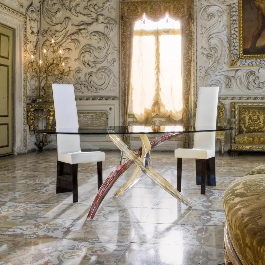 Distinguished Reflex Fili D'Erba table with rectangular glass top and sculptural Murano glass base in Rugiada finish