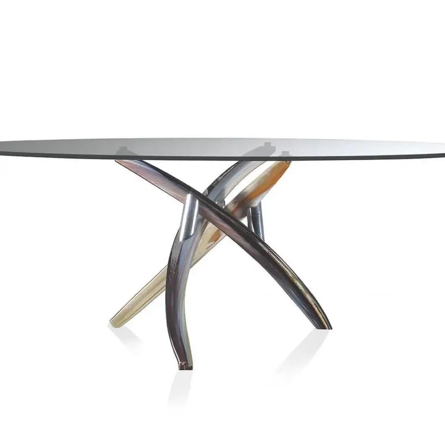 Exclusive Reflex Fili D'Erba table with a transparent oval glass top and intertwined Murano glass base in Calcedonio finish