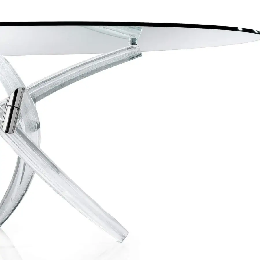 Elegant Reflex Fili D'Erba table with glass top and innovative Murano glass base in Rugiada finish with silver accents