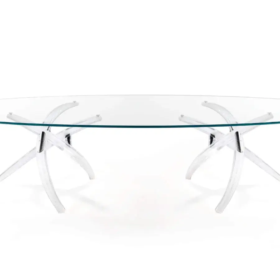 Distinctive Reflex Fili D'Erba table with transparent Rugiada Murano glass base and sleek glass top
