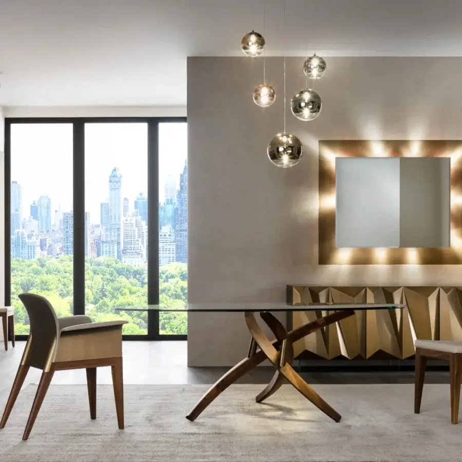 Captivating Reflex Fili D'Erba table with a beveled glass top and base crafted in solid Canaletto Walnut with bronzed brass details