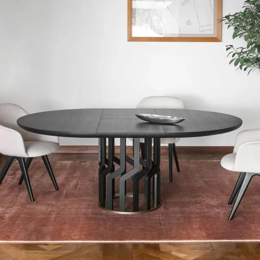 Exceptional Potocco Intreccio table with circular top and interwoven base crafted in dark finished solid ash wood