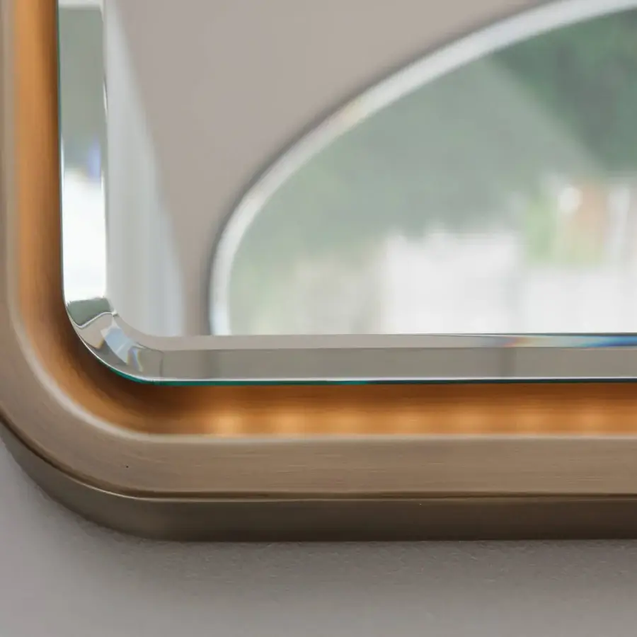 Elegant Reflex Oh Frame mirror with rounded rectangular silhouette and satin-finished wood framing extra clear glass with beveled edges