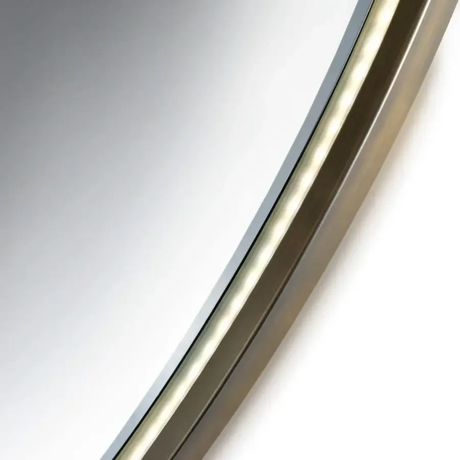 Distinguished Reflex Oh Frame mirror with extra clear glass and rounded wood framed in satin bronze finish with integrated LED lighting