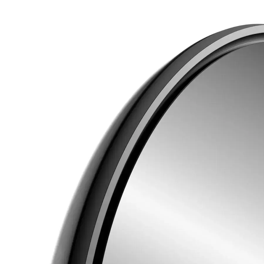 Elegant Reflex Oh Frame mirror crafted with extra clear glass in a high-gloss black satin rounded wood frame and silver-toned accent