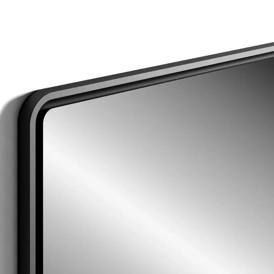 Impeccable Reflex Oh Frame mirror crafted with extra clear glass in a rounded wood frame with satin finish and glossy black details