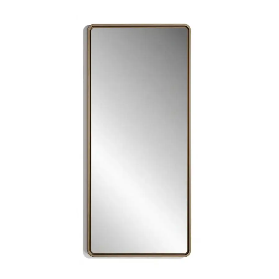Superior Reflex Oh Frame mirror with rounded corners and a satin gold-colored metal frame crafted in extra clear glass