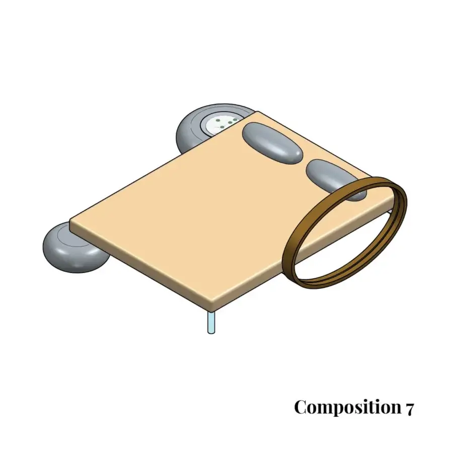 Distinguished Varaschin Wellness Therapy double bed with light beige frame, gray oval elements and a unique brown ring detail built in Italy