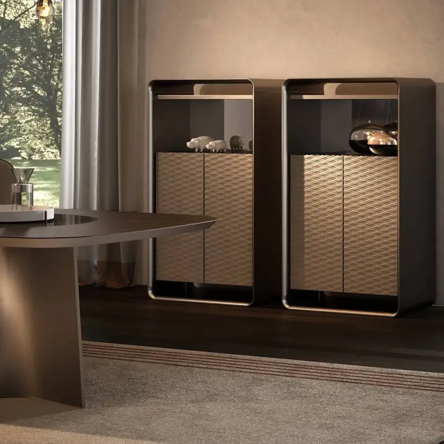 Superior Reflex Oh cupboard with shaped rounded wood, bronze finish, quilted leather doors and glass shelving