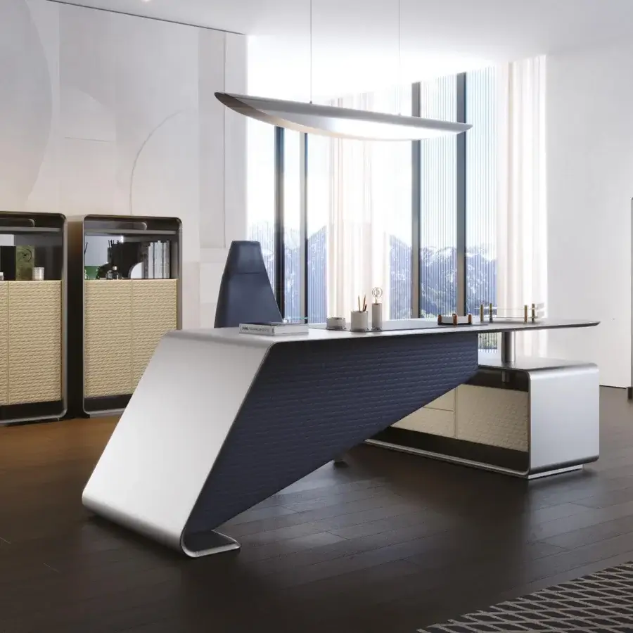 Lavish Reflex Oh cupboard with shaped rounded wood, bronze finish, quilted leather and glass shelves
