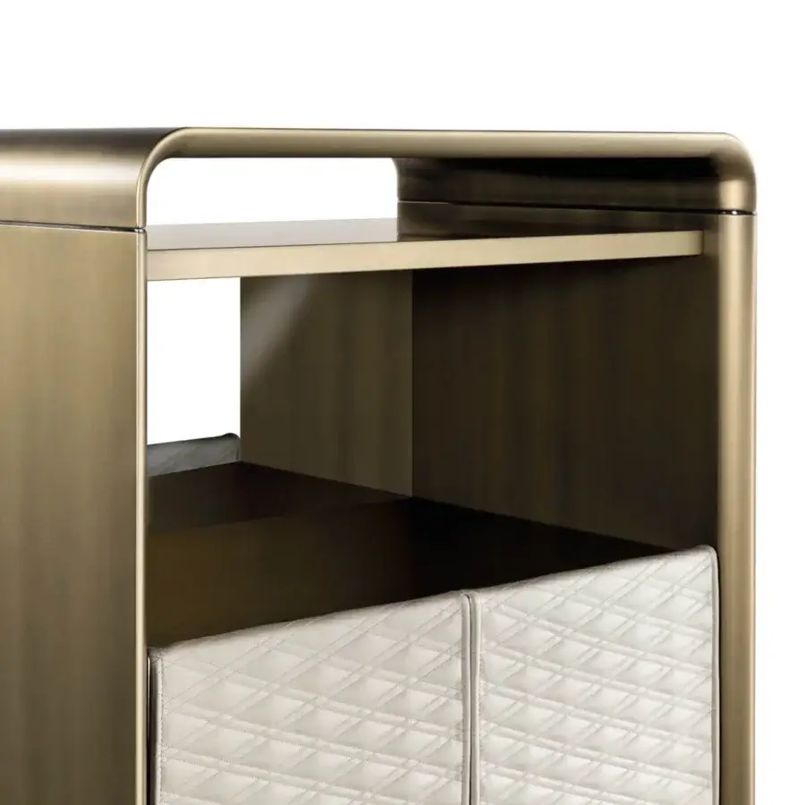 Distinguished Reflex Oh cupboard with bronze finish shaped rounded wood and quilted off-white leather doors concealing glass shelves