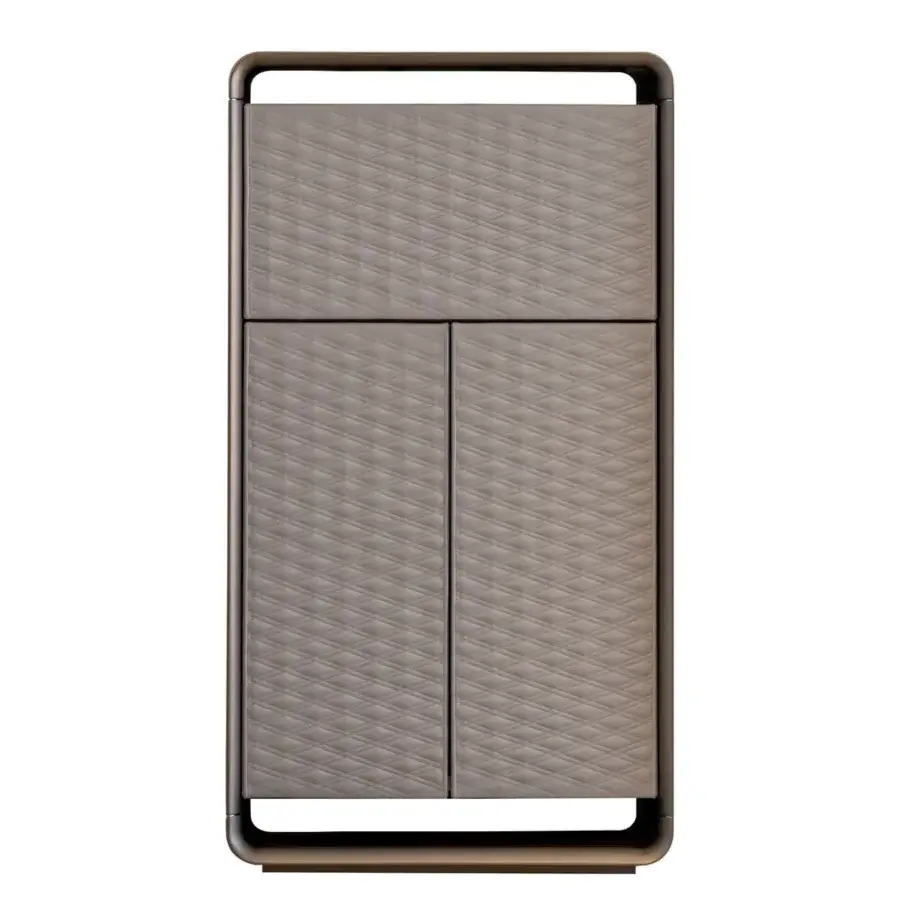 Exceptional Reflex Oh cupboard with rounded wood, bronze finish, quilted leather panels and glass shelving