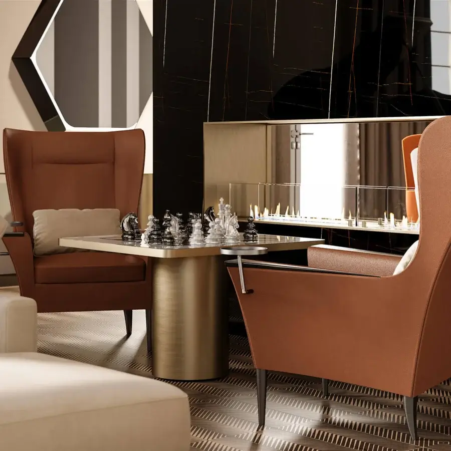 Superior Reflex Tau Steel Scacchi table with a satin brass cylinder base and square glass tabletop