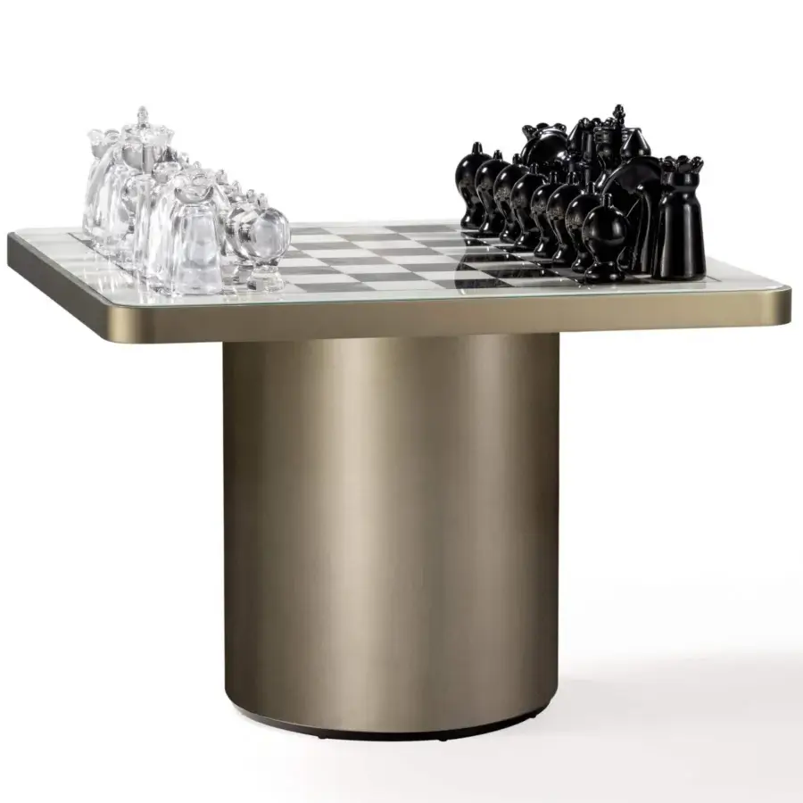 Distinguished Reflex Tau Steel Scacchi table with a marble glass chessboard top and satin titanium finish
