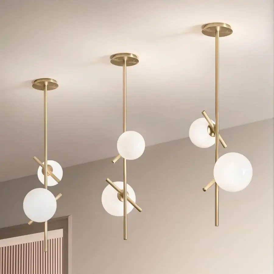 Elegant Masiero Posy Vert suspension lamp with brass-toned metal and triplex opal white Murano glass diffusers in a matte finish