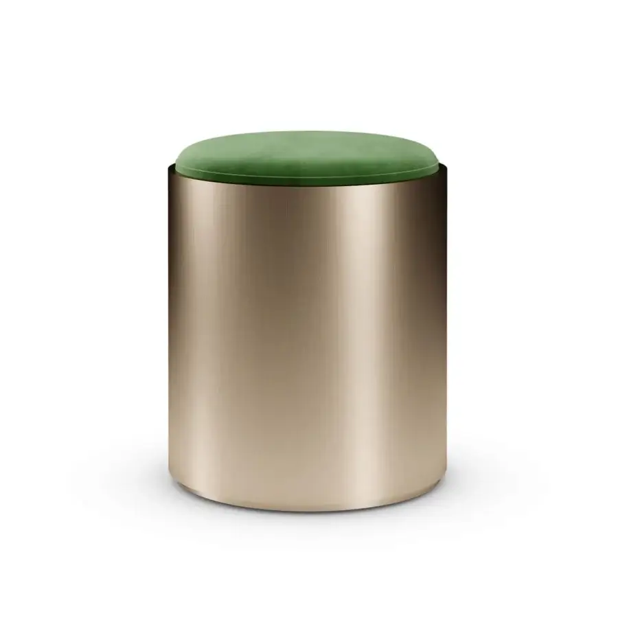 Exceptional Reflex Tau Steel ottoman with green plush textile and satin bronze cylindrical base