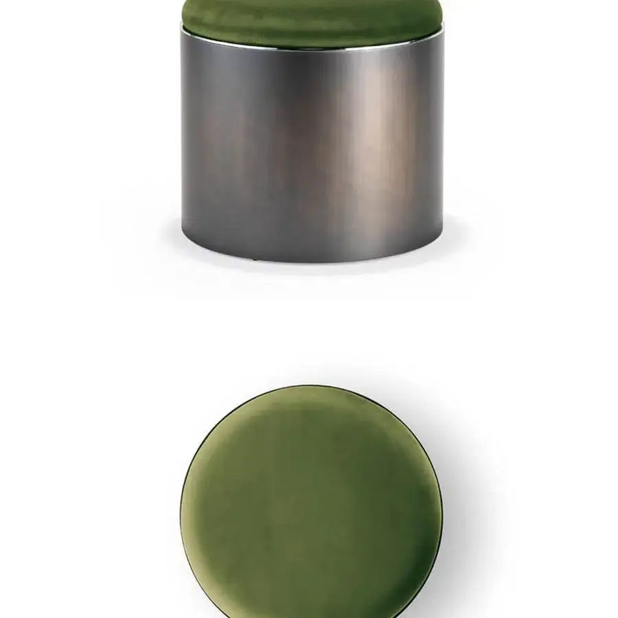 Distinguished Reflex Tau Steel ottoman with muted green textile upholstery and dark brass satin finish