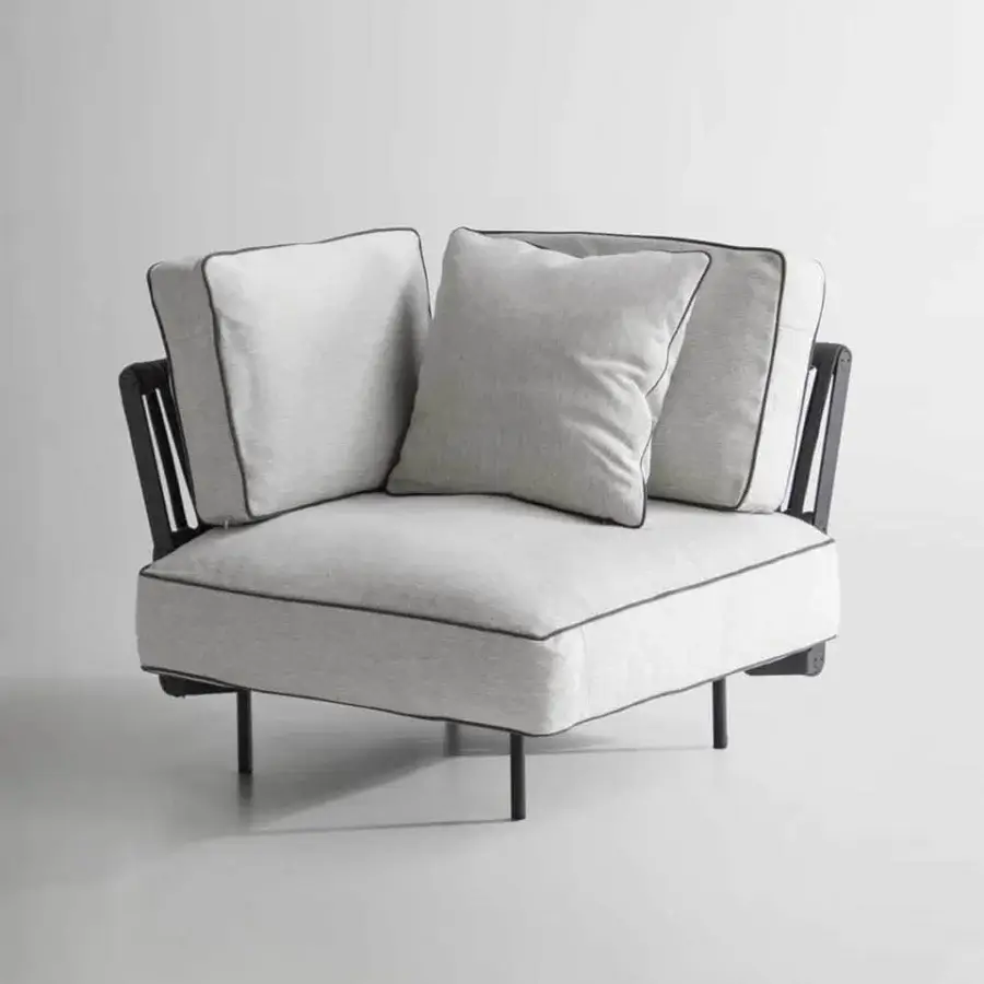 Exceptional Potocco Soul lounge chair with interwoven backrest and light gray removable cushions in a dark metal frame