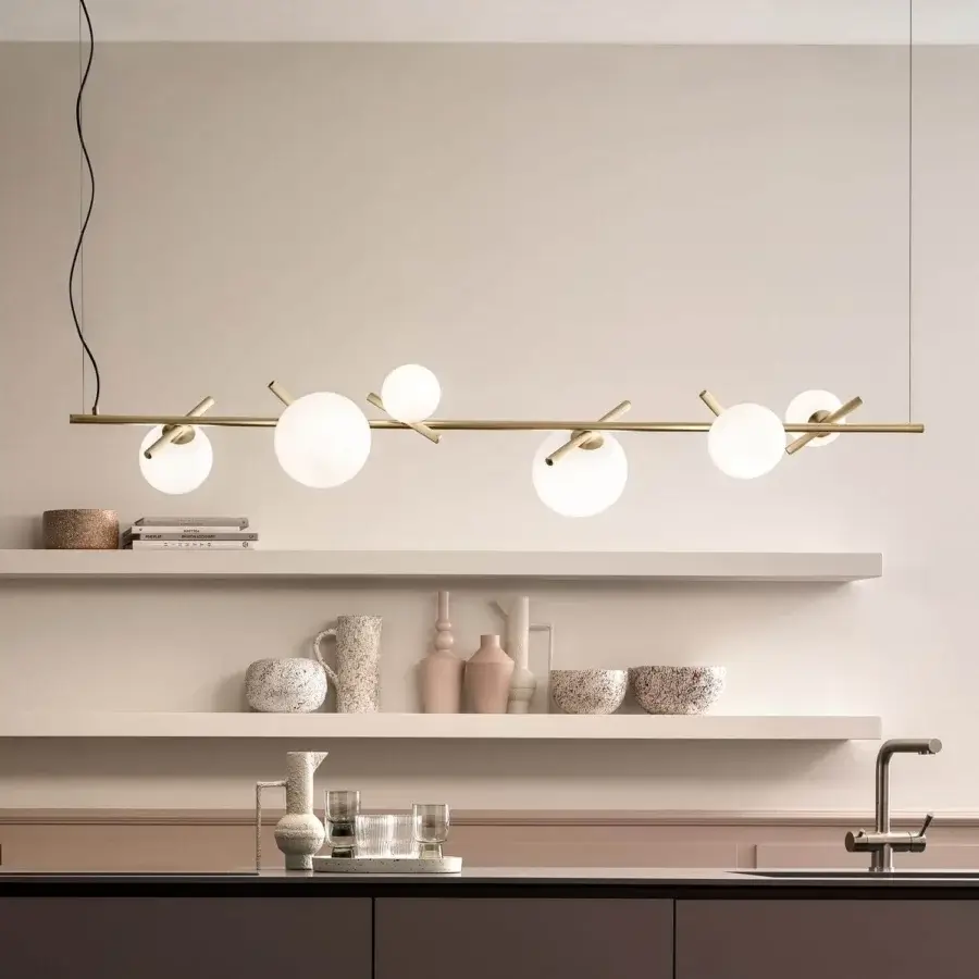 Elegant Masiero Posy Bil suspension lamp with refined metal structure and opal white Murano glass diffusers in brass finish