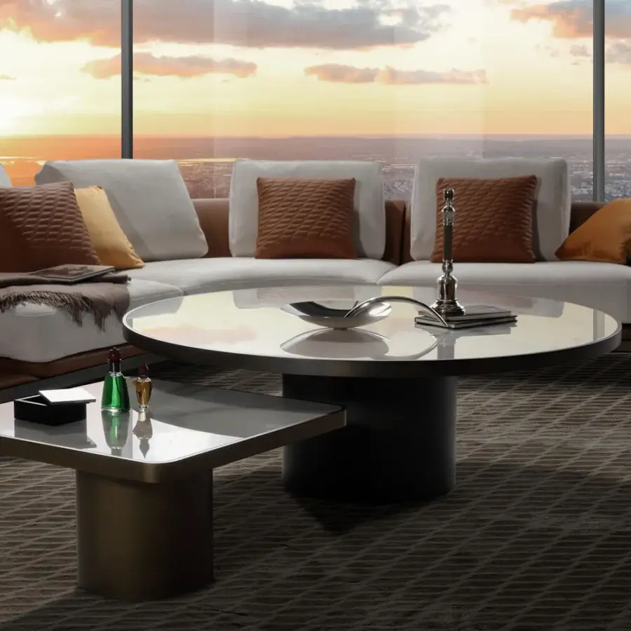 Superior Reflex Tau Steel coffee table with rounded corners, marble glass inlay and shiny satin dark brass base