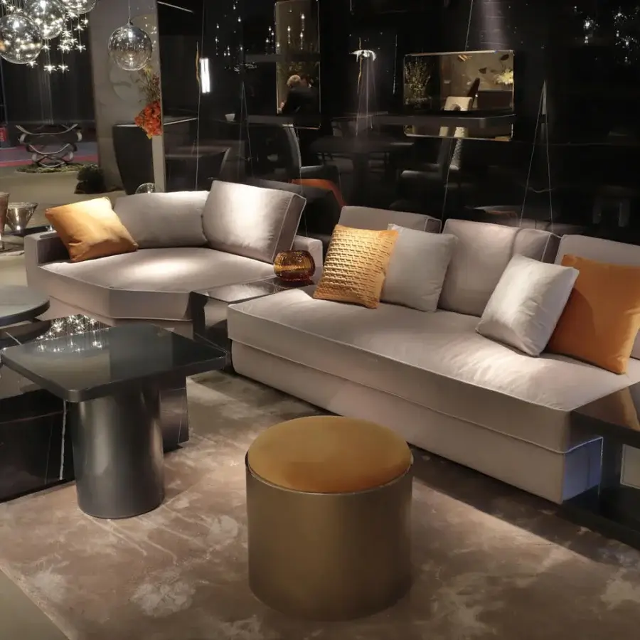 Captivating Reflex Tau Steel coffee table with marble glass top and shiny satin dark brass base