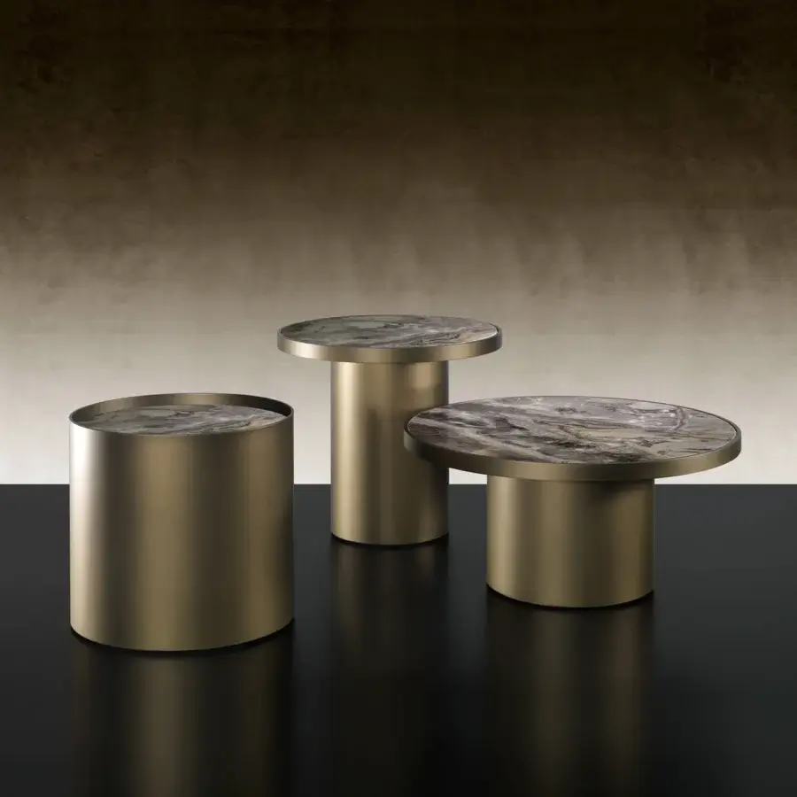 Distinguished Reflex Tau Steel coffee table with swirling dark gray and brown marble tabletop and brushed golden base
