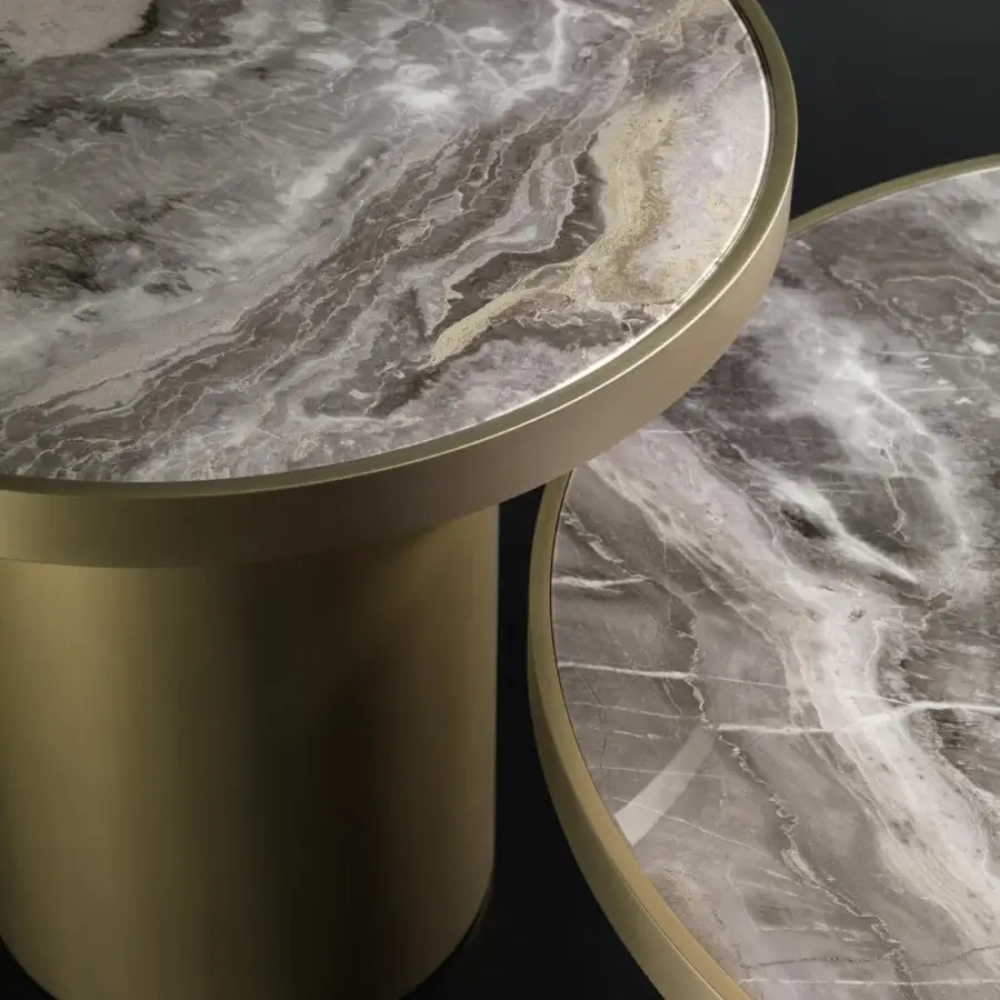 Elegant Reflex Tau Steel coffee table with swirling marble glass inlay and lustrous satin brass cylindrical base