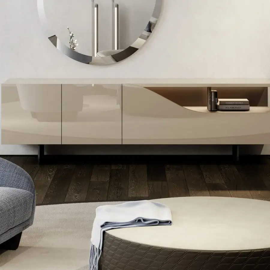 Exceptional Reflex Segno sideboard with light beige lacquered wood and sleek metal legs for concealed display