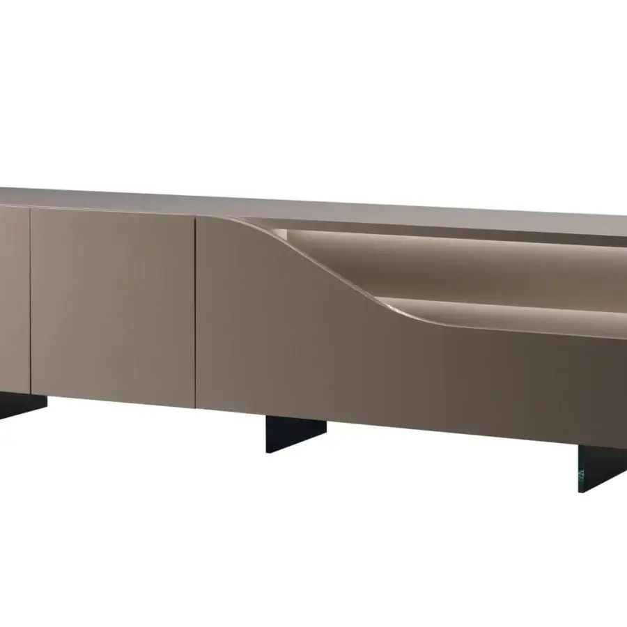 Distinguished Reflex Segno sideboard in shiny lacquered wood with light taupe finish and dark triangular metal legs