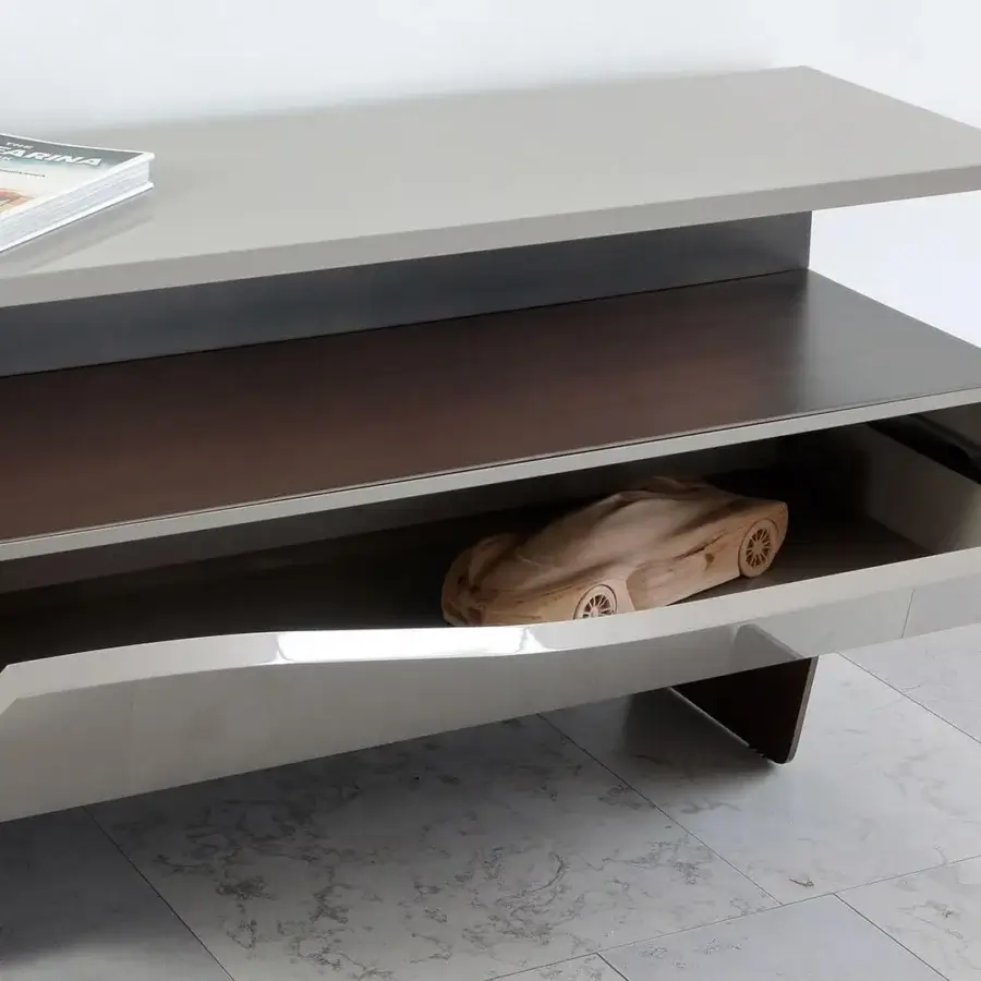 Exceptional Reflex Segno sideboard in shiny light gray lacquered wood with a transparent glass shelf and darker wood accents