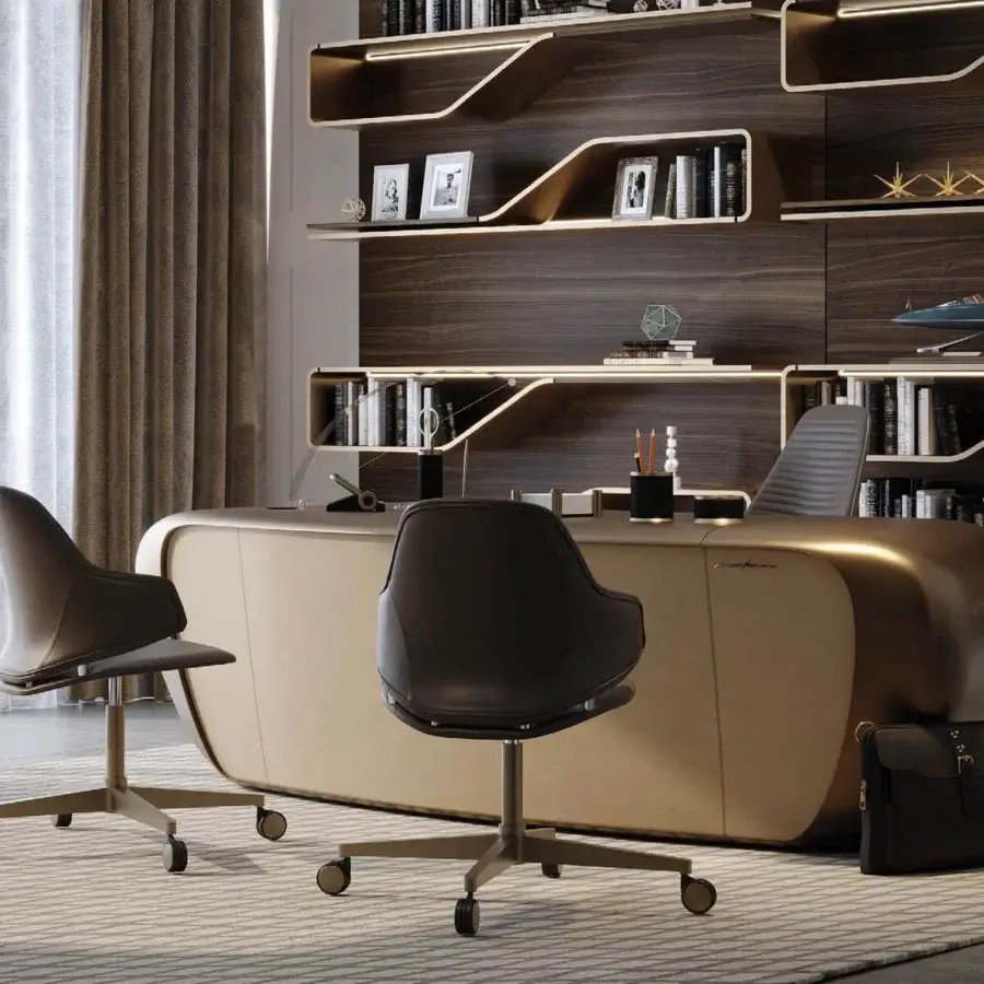 Distinguished Reflex Segno desk with a curved structure in lacquered wood and Naturale leather, including two drawers and a filing drawer