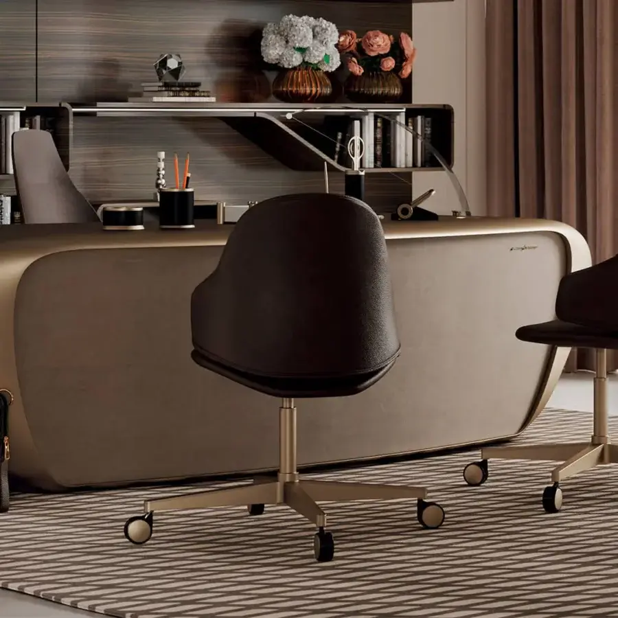 Elegant Reflex Segno desk with a curved lacquered wood structure and Naturale leather front with gold accent