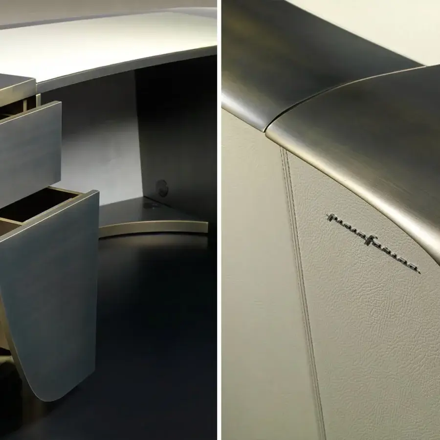 Exceptional Reflex Segno desk with a curved lacquered wood structure and Naturale leather front, finished in muted bronze tones