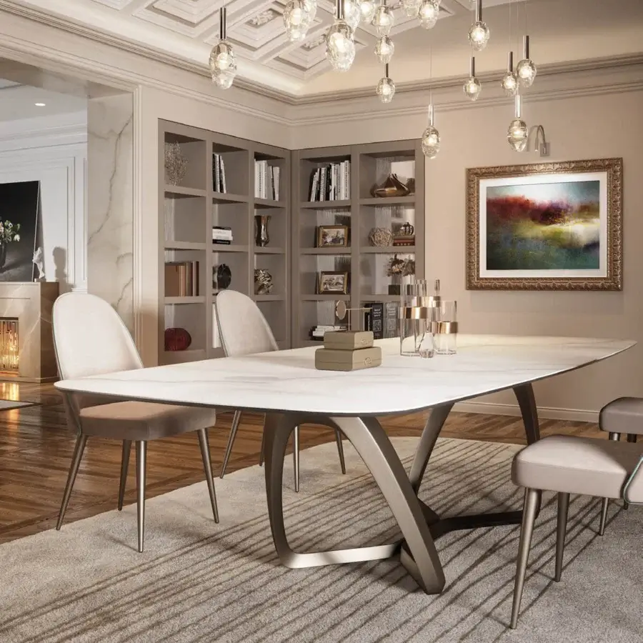 Distinguished Reflex Segno table with a Marmoreflex/Legnoreflex top and wing edge, built with a light metallic sculptural base