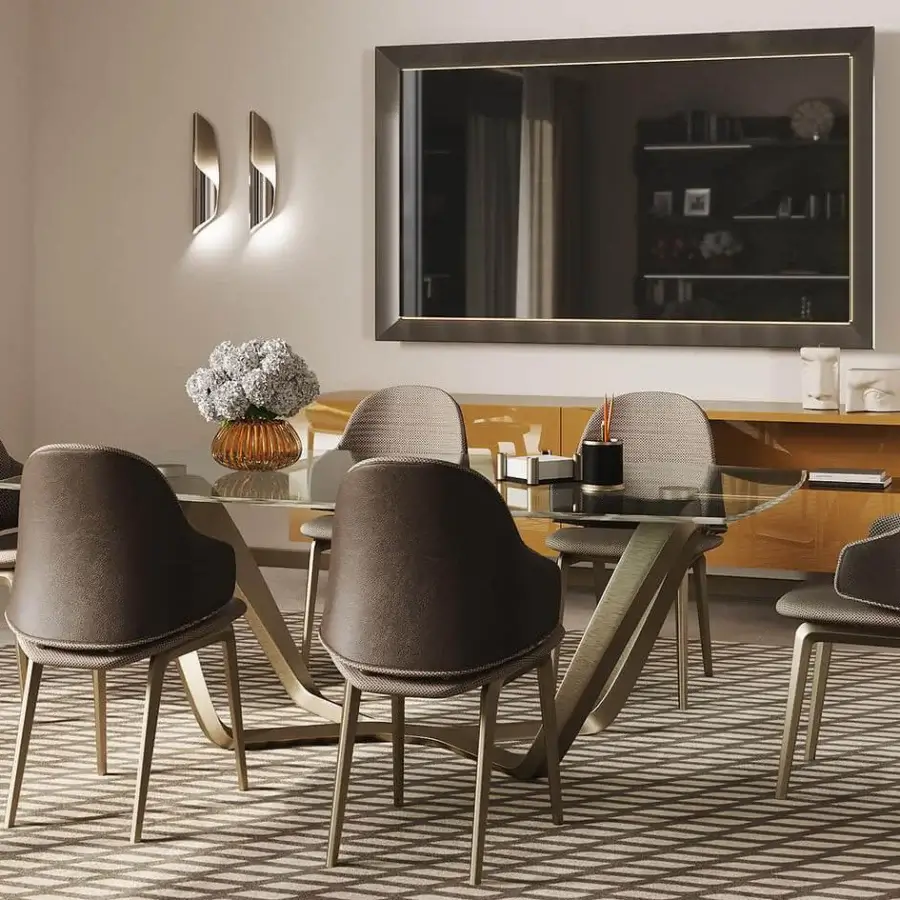 Distinguished Reflex Segno table with transparent tempered glass top and bronze finished composite material base