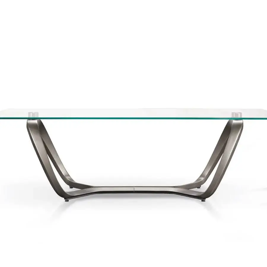 Elegant Reflex Segno table with transparent tempered glass top and dark silver composite material base crafted in Italy